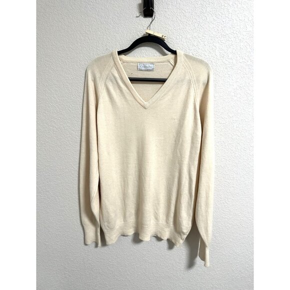 Christian Dior V Neck Long Sleeve Pullover Knit Sweater Made In USA Cream Large - Picture 1 of 6